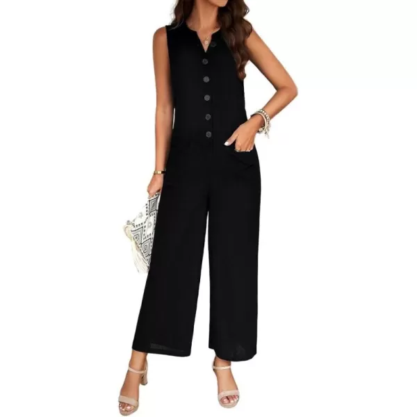 chouyatou Womens Spring Summer Cotton Linen Jumpsuits Button Down Casual Overall RompersBlack
