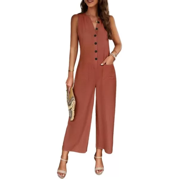 chouyatou Womens Spring Summer Cotton Linen Jumpsuits Button Down Casual Overall RompersBrown