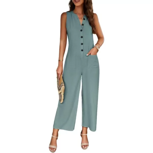 chouyatou Womens Spring Summer Cotton Linen Jumpsuits Button Down Casual Overall RompersPea Green