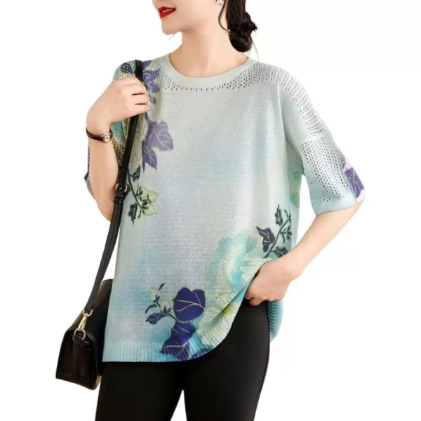 chouyatou Womens Summer Oversized Short Sleeve Crochet Sweater Tops Boho Floral Pattern Knitted Pullover TShirtBlue