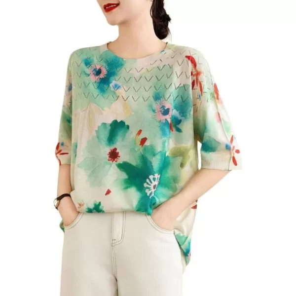 chouyatou Womens Summer Oversized Short Sleeve Crochet Sweater Tops Boho Floral Pattern Knitted Pullover TShirtGreen