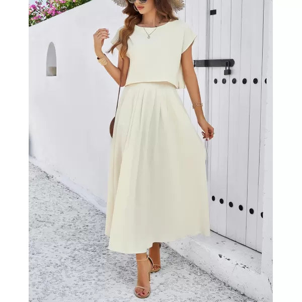chouyatou Womens 2 Piece Outfits Cap Sleeve Crop Top and High Elastic Waist Pleated Swing Long Skirt SetBeige White