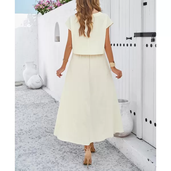 chouyatou Womens 2 Piece Outfits Cap Sleeve Crop Top and High Elastic Waist Pleated Swing Long Skirt SetBeige White