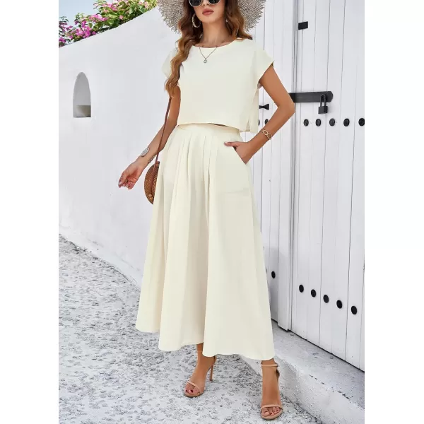 chouyatou Womens 2 Piece Outfits Cap Sleeve Crop Top and High Elastic Waist Pleated Swing Long Skirt SetBeige White