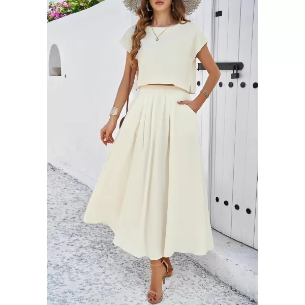 chouyatou Womens 2 Piece Outfits Cap Sleeve Crop Top and High Elastic Waist Pleated Swing Long Skirt SetBeige White