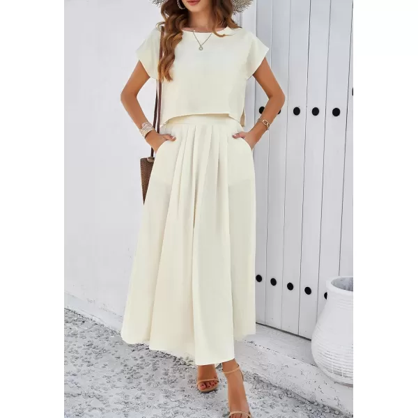 chouyatou Womens 2 Piece Outfits Cap Sleeve Crop Top and High Elastic Waist Pleated Swing Long Skirt SetBeige White