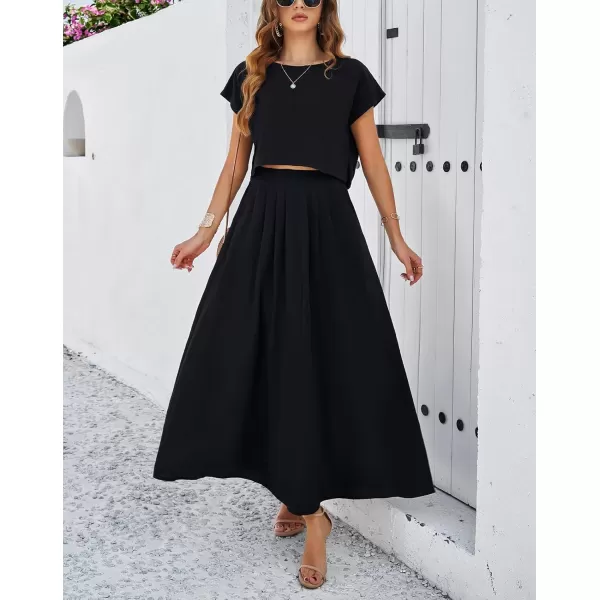 chouyatou Womens 2 Piece Outfits Cap Sleeve Crop Top and High Elastic Waist Pleated Swing Long Skirt SetBlack