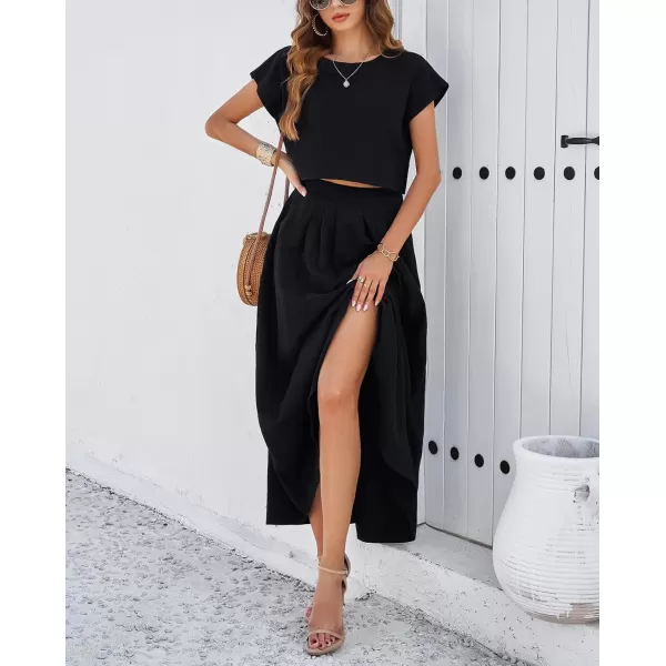 chouyatou Womens 2 Piece Outfits Cap Sleeve Crop Top and High Elastic Waist Pleated Swing Long Skirt SetBlack