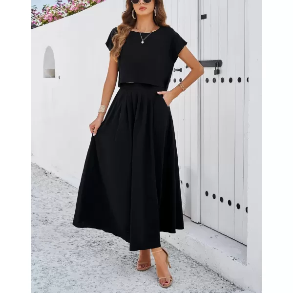 chouyatou Womens 2 Piece Outfits Cap Sleeve Crop Top and High Elastic Waist Pleated Swing Long Skirt SetBlack