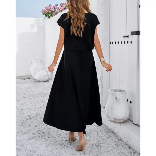 chouyatou Womens 2 Piece Outfits Cap Sleeve Crop Top and High Elastic Waist Pleated Swing Long Skirt SetBlack