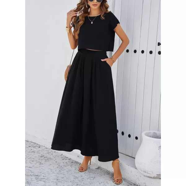 chouyatou Womens 2 Piece Outfits Cap Sleeve Crop Top and High Elastic Waist Pleated Swing Long Skirt SetBlack