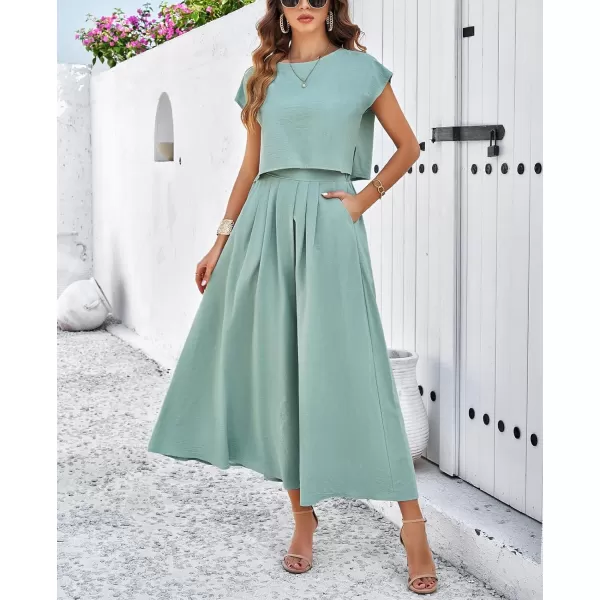 chouyatou Womens 2 Piece Outfits Cap Sleeve Crop Top and High Elastic Waist Pleated Swing Long Skirt SetGreen
