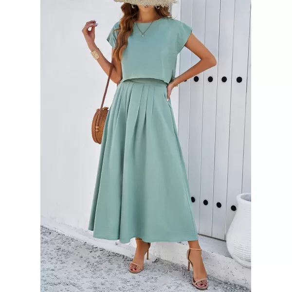 chouyatou Womens 2 Piece Outfits Cap Sleeve Crop Top and High Elastic Waist Pleated Swing Long Skirt SetGreen
