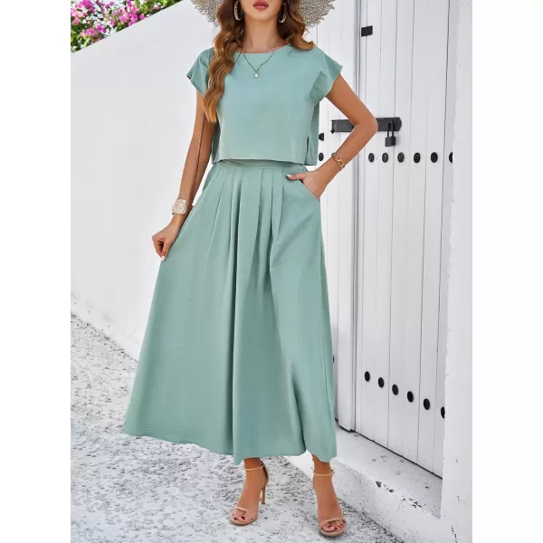 chouyatou Womens 2 Piece Outfits Cap Sleeve Crop Top and High Elastic Waist Pleated Swing Long Skirt SetGreen
