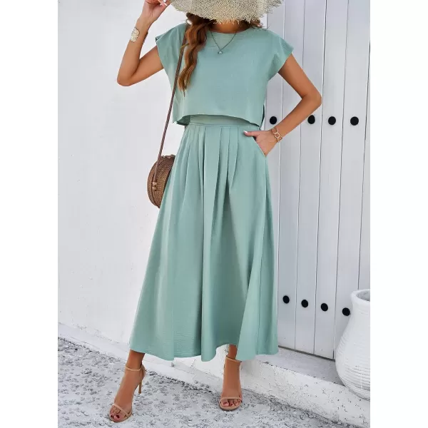 chouyatou Womens 2 Piece Outfits Cap Sleeve Crop Top and High Elastic Waist Pleated Swing Long Skirt SetGreen