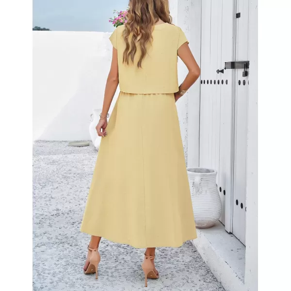chouyatou Womens 2 Piece Outfits Cap Sleeve Crop Top and High Elastic Waist Pleated Swing Long Skirt SetLight Yellow