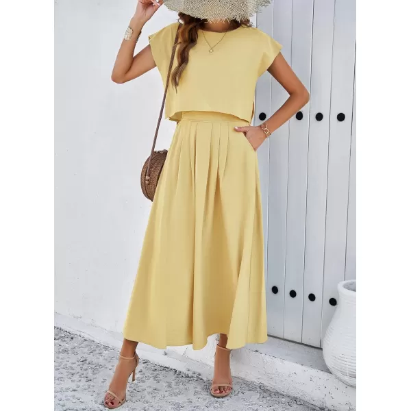 chouyatou Womens 2 Piece Outfits Cap Sleeve Crop Top and High Elastic Waist Pleated Swing Long Skirt SetLight Yellow
