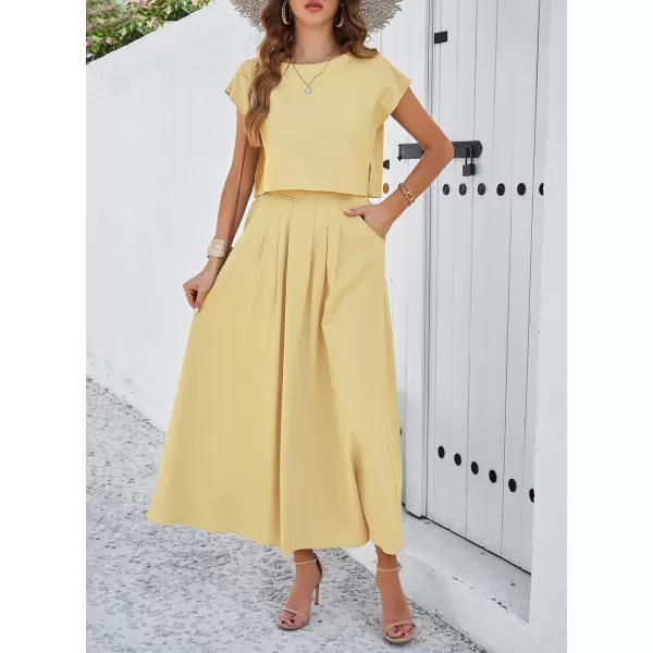 chouyatou Womens 2 Piece Outfits Cap Sleeve Crop Top and High Elastic Waist Pleated Swing Long Skirt SetLight Yellow