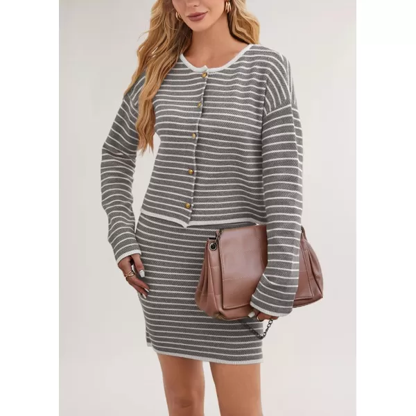 chouyatou Womens 2 Piece Sets Striped Ribbed Knit Button Down Cardigan and Mini Bodycon Skirt OutfitsGrey