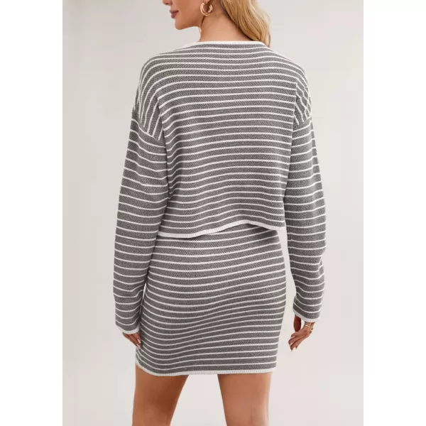 chouyatou Womens 2 Piece Sets Striped Ribbed Knit Button Down Cardigan and Mini Bodycon Skirt OutfitsGrey