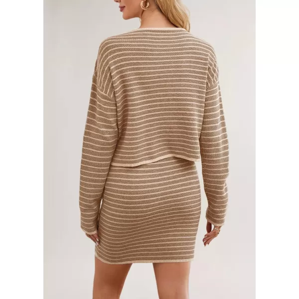 chouyatou Womens 2 Piece Sets Striped Ribbed Knit Button Down Cardigan and Mini Bodycon Skirt OutfitsKhaki