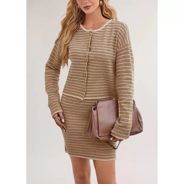 chouyatou Womens 2 Piece Sets Striped Ribbed Knit Button Down Cardigan and Mini Bodycon Skirt OutfitsKhaki