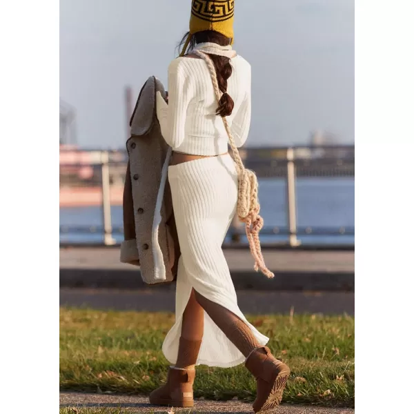 chouyatou Womens 2 Piece Sets Y2K Cropped Button Up Sweater Split Maxi Bodycon Skirt Two Piece OutfitsBeige