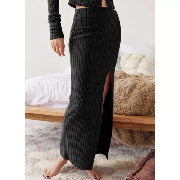 chouyatou Womens 2 Piece Sets Y2K Cropped Button Up Sweater Split Maxi Bodycon Skirt Two Piece OutfitsBlack