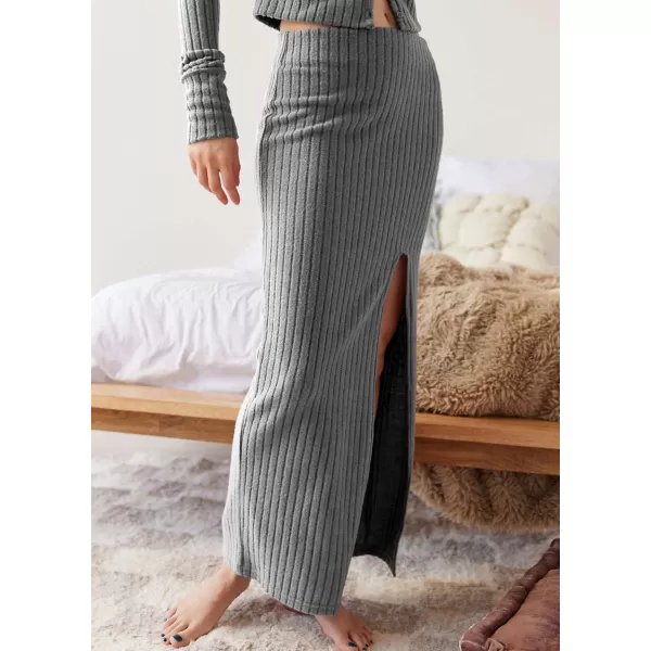 chouyatou Womens 2 Piece Sets Y2K Cropped Button Up Sweater Split Maxi Bodycon Skirt Two Piece OutfitsGrey