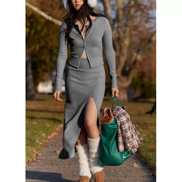 chouyatou Womens 2 Piece Sets Y2K Cropped Button Up Sweater Split Maxi Bodycon Skirt Two Piece OutfitsGrey