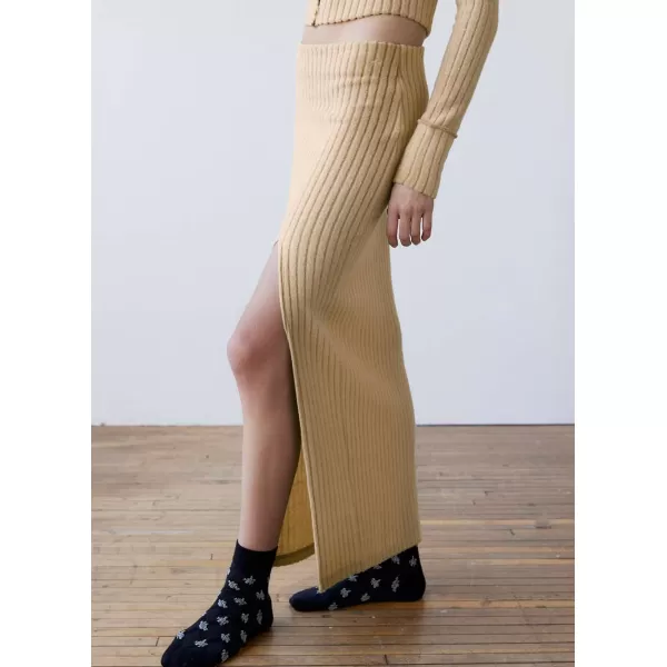 chouyatou Womens 2 Piece Sets Y2K Cropped Button Up Sweater Split Maxi Bodycon Skirt Two Piece OutfitsKhaki
