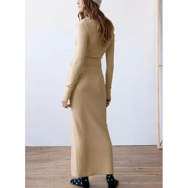 chouyatou Womens 2 Piece Sets Y2K Cropped Button Up Sweater Split Maxi Bodycon Skirt Two Piece OutfitsKhaki