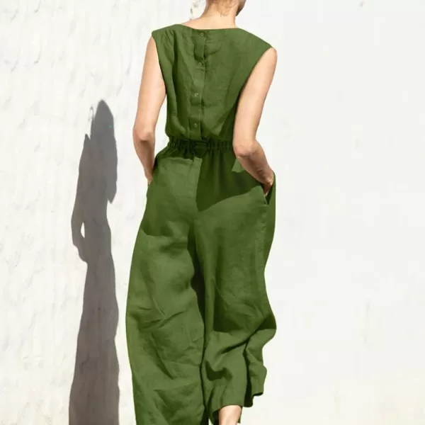 chouyatou Womens Elegant Sleeveless Linen Jumpsuits Casual Wide Leg Jumpsuit Pants RomperArmy Green