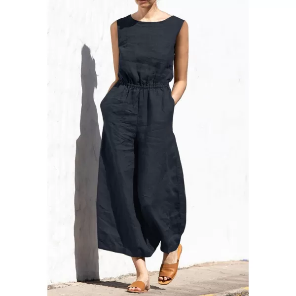chouyatou Womens Elegant Sleeveless Linen Jumpsuits Casual Wide Leg Jumpsuit Pants RomperBlack