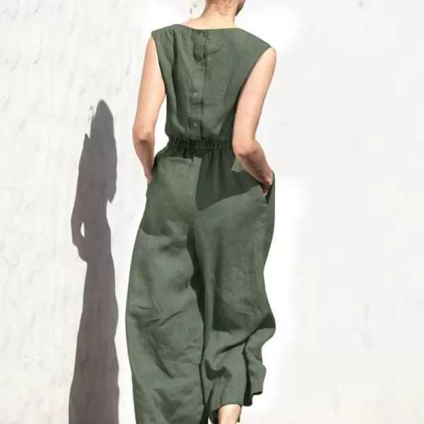 chouyatou Womens Elegant Sleeveless Linen Jumpsuits Casual Wide Leg Jumpsuit Pants RomperDistressed Green