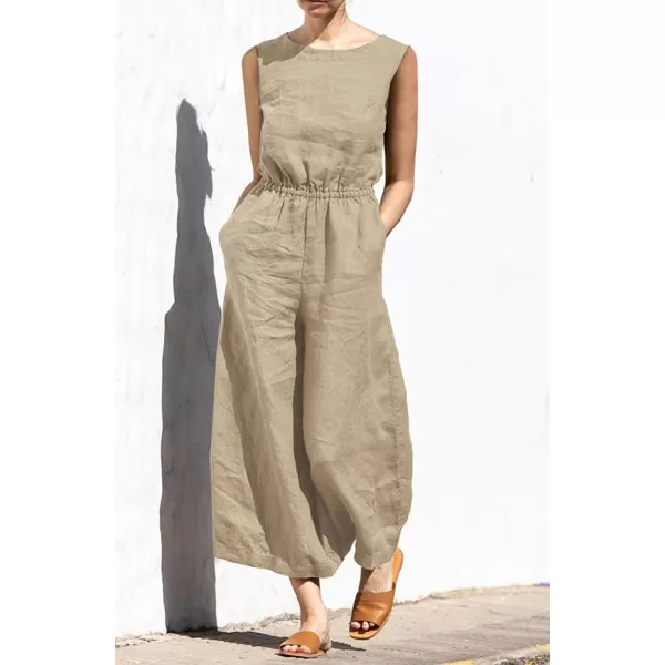 chouyatou Womens Elegant Sleeveless Linen Jumpsuits Casual Wide Leg Jumpsuit Pants RomperKhaki