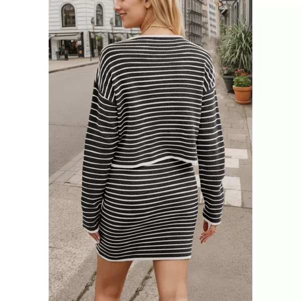 chouyatou Womens Fall Business Casual Outfits 2 Piece Striped Button Down Cardigan Sweater Skirt SetBlack