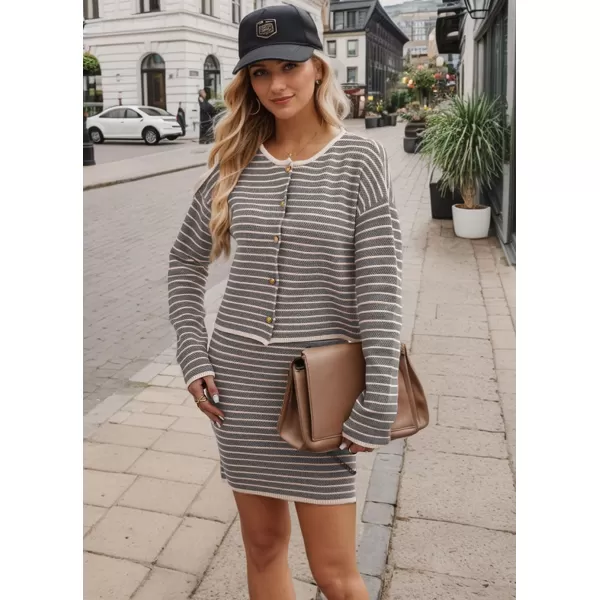 chouyatou Womens Fall Business Casual Outfits 2 Piece Striped Button Down Cardigan Sweater Skirt SetGrey