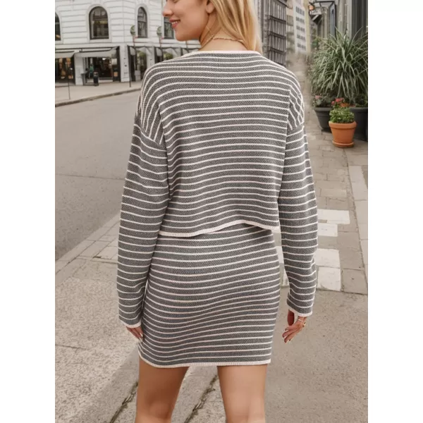 chouyatou Womens Fall Business Casual Outfits 2 Piece Striped Button Down Cardigan Sweater Skirt SetGrey
