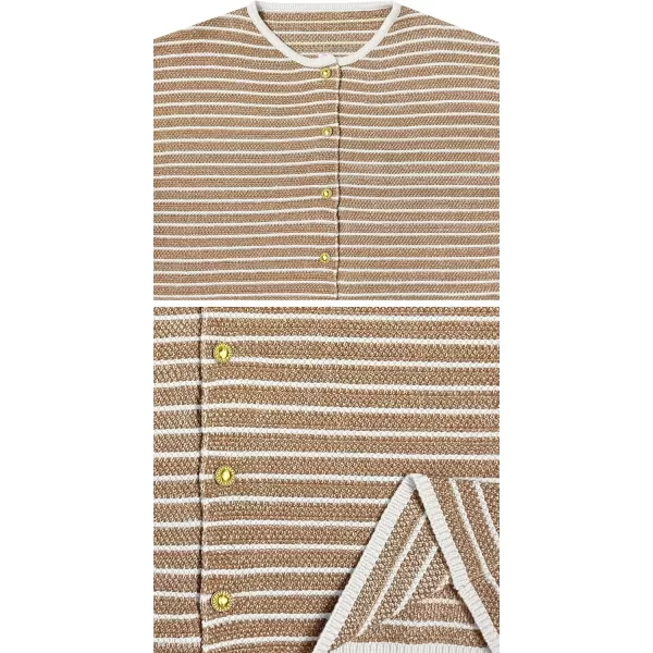 chouyatou Womens Fall Business Casual Outfits 2 Piece Striped Button Down Cardigan Sweater Skirt SetKhaki