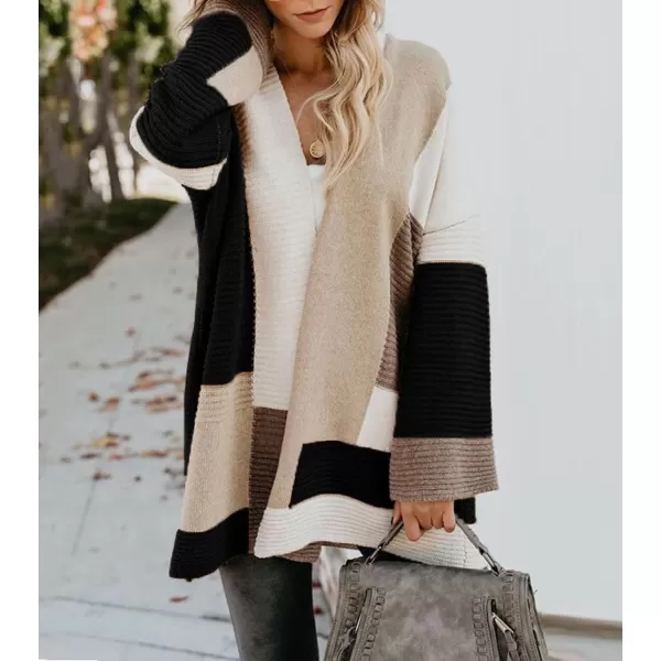 chouyatou Womens Fall Geometric Color Block Open Front Cardigan Sweater Elegant Casual Oversized Coatigan CoatBlack