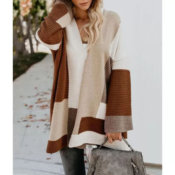 chouyatou Womens Fall Geometric Color Block Open Front Cardigan Sweater Elegant Casual Oversized Coatigan CoatBrown