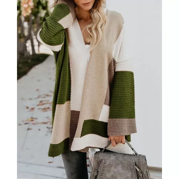 chouyatou Womens Fall Geometric Color Block Open Front Cardigan Sweater Elegant Casual Oversized Coatigan CoatGreen