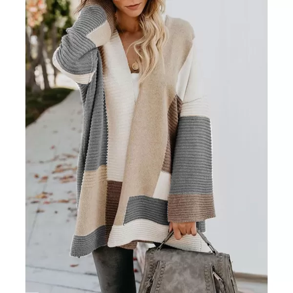 chouyatou Womens Fall Geometric Color Block Open Front Cardigan Sweater Elegant Casual Oversized Coatigan CoatGrey