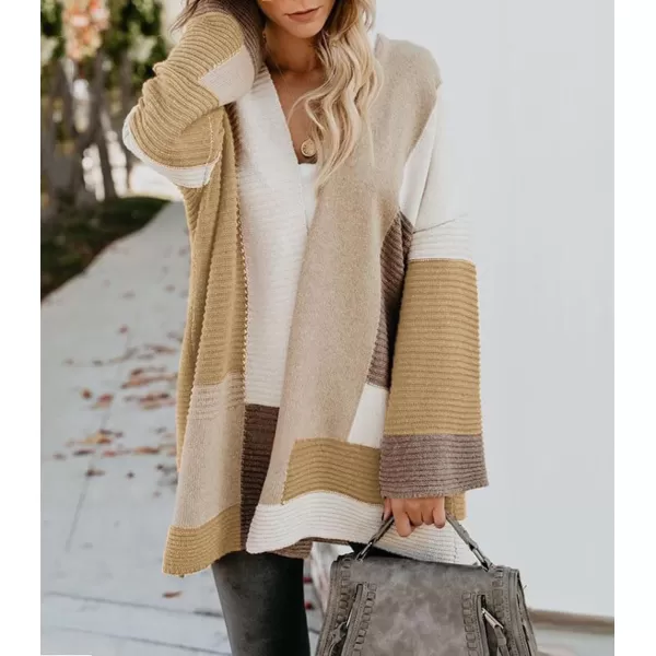 chouyatou Womens Fall Geometric Color Block Open Front Cardigan Sweater Elegant Casual Oversized Coatigan CoatKhaki