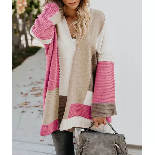 chouyatou Womens Fall Geometric Color Block Open Front Cardigan Sweater Elegant Casual Oversized Coatigan CoatPink