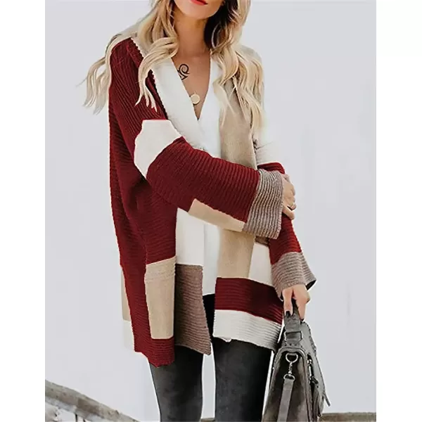 chouyatou Womens Fall Geometric Color Block Open Front Cardigan Sweater Elegant Casual Oversized Coatigan CoatWine Red