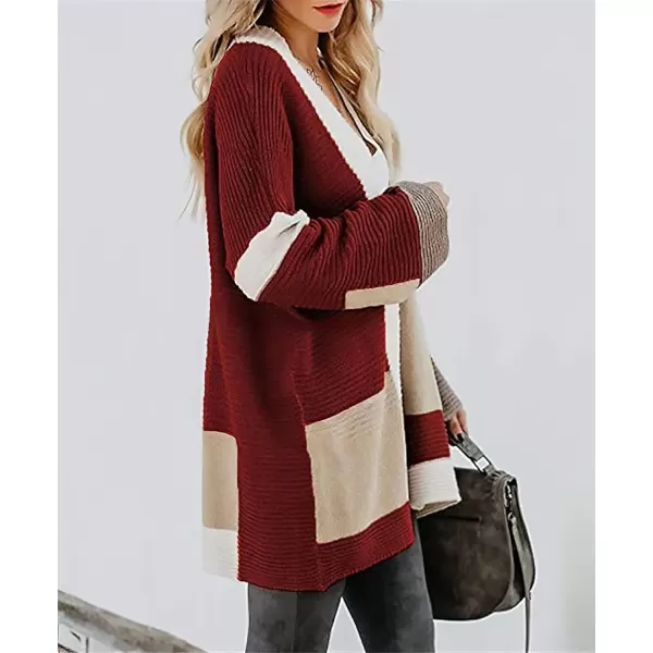 chouyatou Womens Fall Geometric Color Block Open Front Cardigan Sweater Elegant Casual Oversized Coatigan CoatWine Red