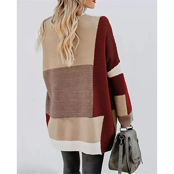 chouyatou Womens Fall Geometric Color Block Open Front Cardigan Sweater Elegant Casual Oversized Coatigan CoatWine Red