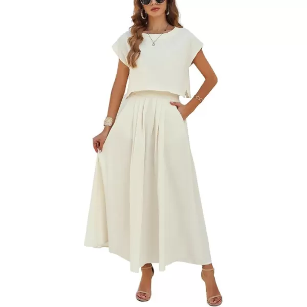 chouyatou Womens 2 Piece Outfits Cap Sleeve Crop Top and High Elastic Waist Pleated Swing Long Skirt SetBeige White